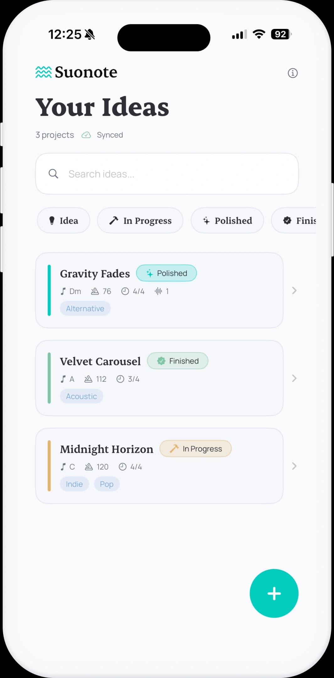 Suonote iOS songwriting app home screen with project list and music idea library