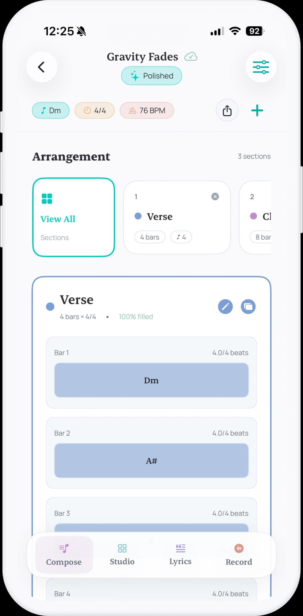 Suonote composition screen showing sections, chords, and lyrics workflow