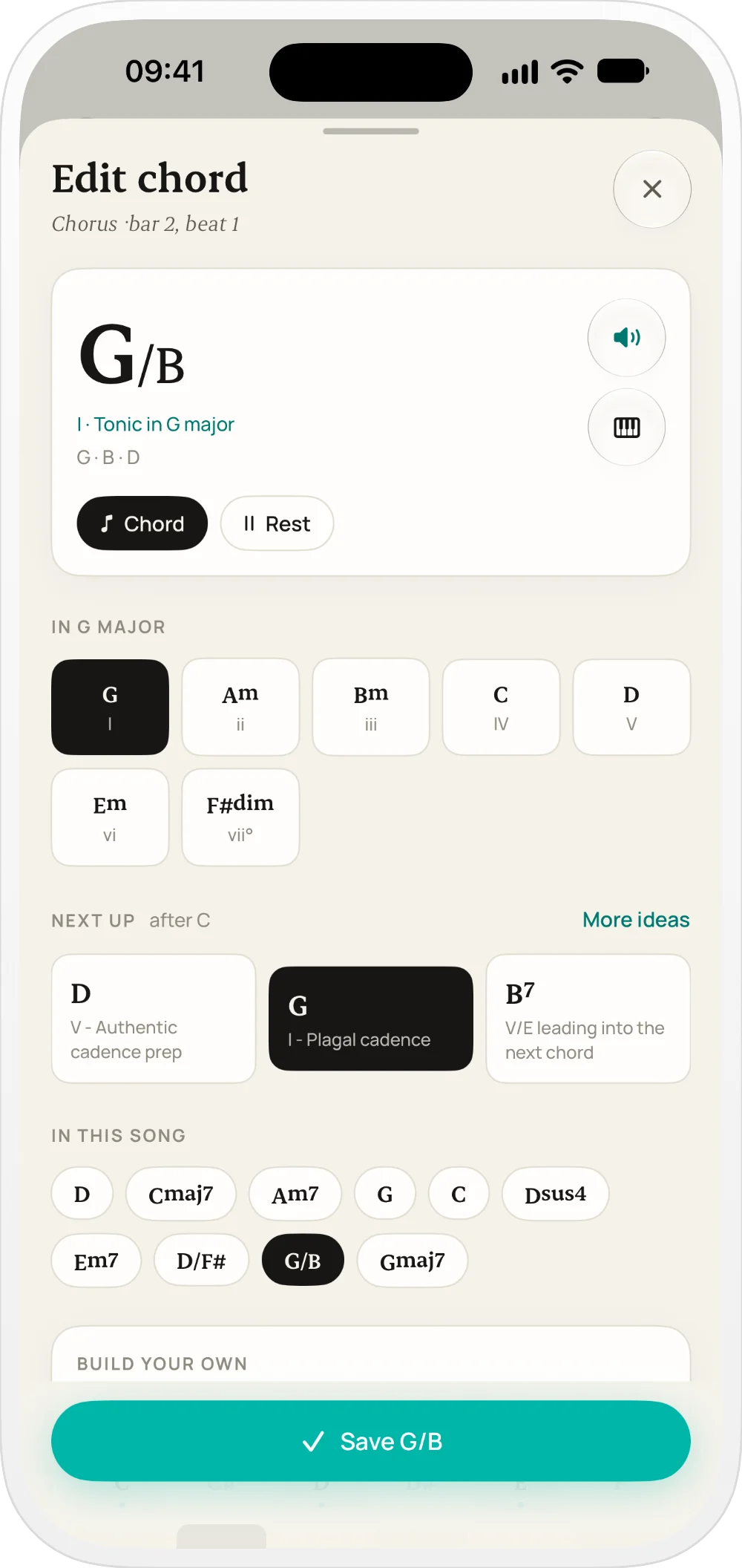 Suonote chord palette with suggestions in G major