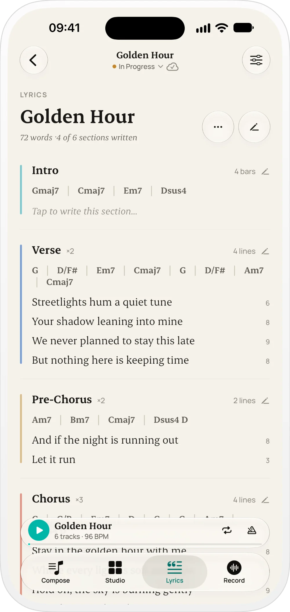 Suonote lyrics screen with chords above each line, organized by section