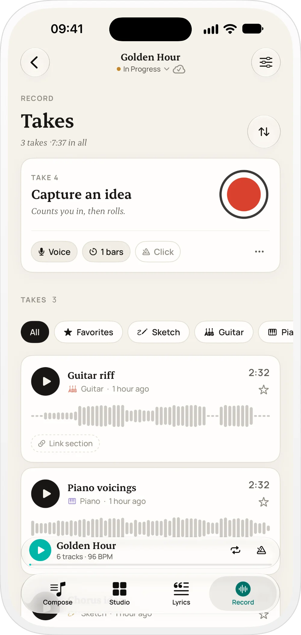 Suonote Record screen with takes, waveforms and a large record button