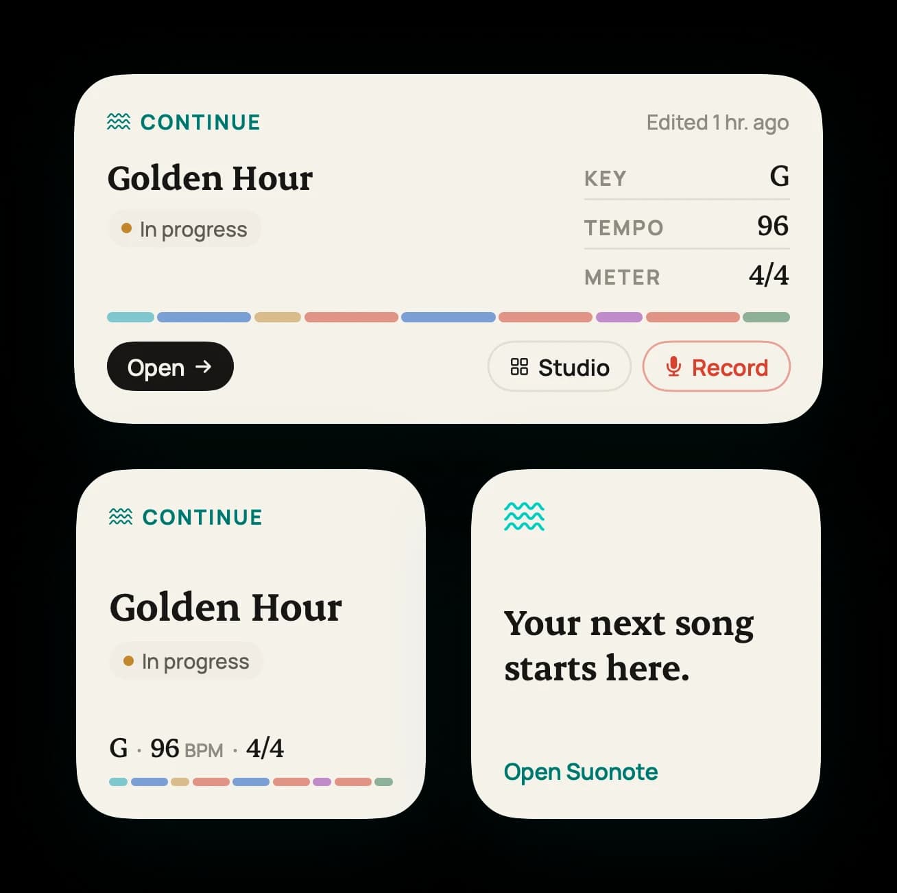 Suonote Home Screen widgets showing the song Golden Hour with its key, tempo, sections and shortcuts to Studio and Record